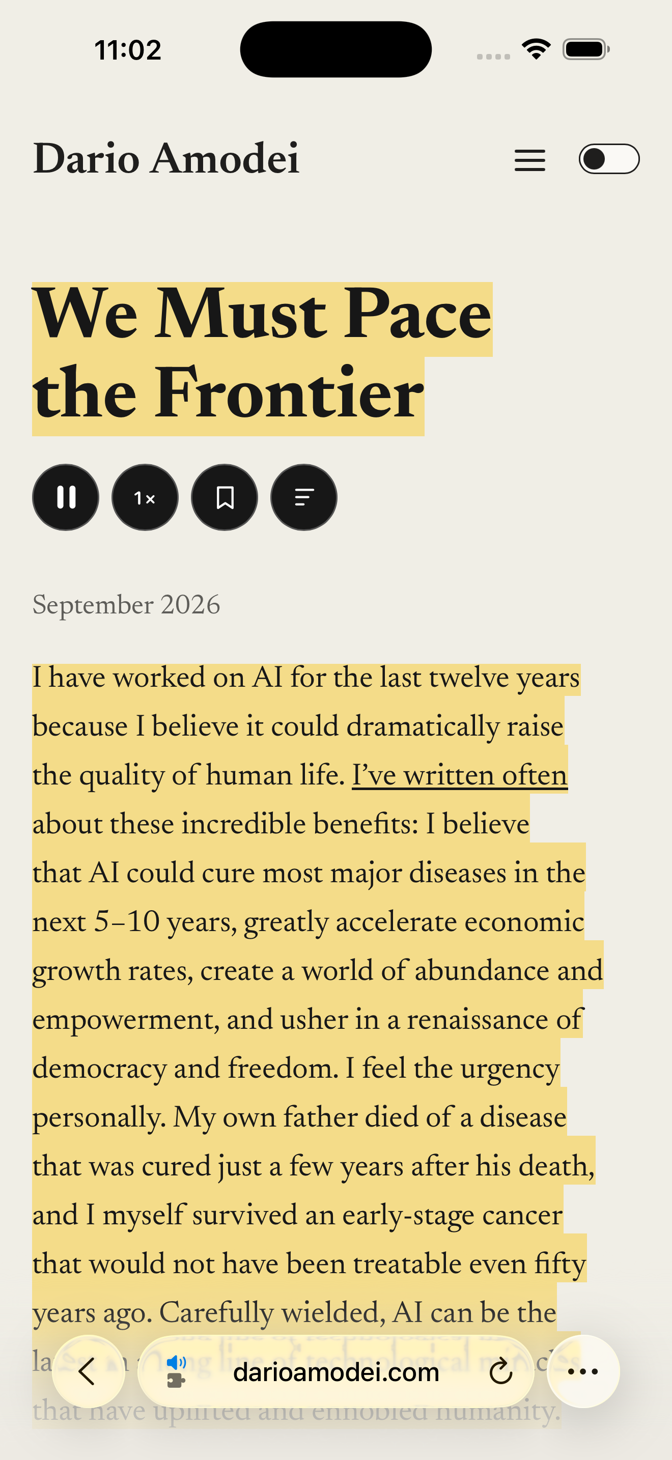 Listen playing an article inside iPhone Safari, with pause, speed, bookmark and summary buttons, and the spoken passage highlighted.